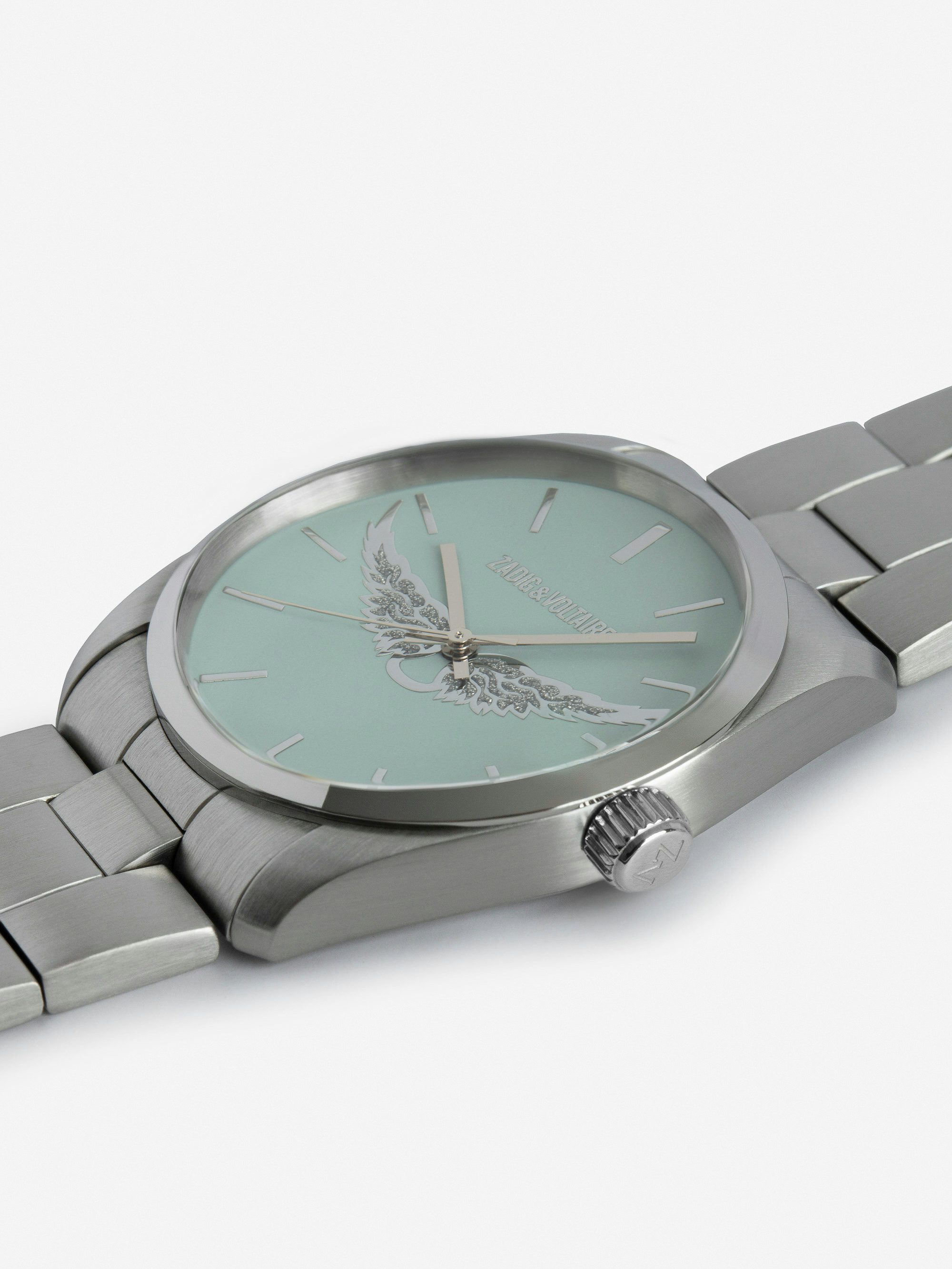 Zadig Wings Watch - Stainless steel watch with light blue dial featuring wing motifs.